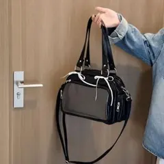 痛バッグ 3WAY ショルダーバッグ 横長 リボン付き 透明ポケット推し活バッグ