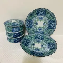 明和窯 古伊万里 唐草模様 蓋付き三段重 大皿2枚
