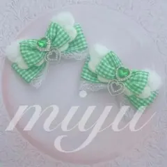 ヘアクリップ（ふわふわ天使໒꒱⋆゜ダブルチャーム）　ロリィタ　緑　チェック