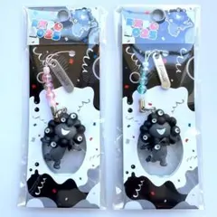 黒ミャクミャク 立体パーツ ストラップ ブルー ピンク 走る 2個セット