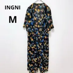 イング 花柄 Vネック 半袖ロングワンピース 薄手 羽織り 総柄 ブラック