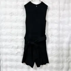 〈ミーア〉ニットオールインワン サロペット ショートパンツ リブ リボン F 黒のサムネイル