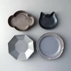 美濃焼　雲型　猫型　布目リンカ　八角　小皿　豆皿　4枚セット