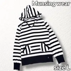 【Munsingwear】ゴルフ フードパーカー 白黒ボーダー柄 ロゴ刺繍 L