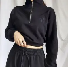 me+em select ハーフジップショート丈スウェット ブラック