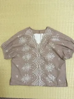 ROPE PICNIC 茶チェック刺繍パフスリーブシャツ