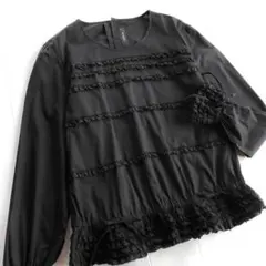 インゲボルグ ピコフリル リボン 後ろボタン 黒 ブラウス