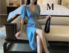 ☆韓国☆Vネック デニムワンピ マーメイドライン ボタンダウン 半袖　M