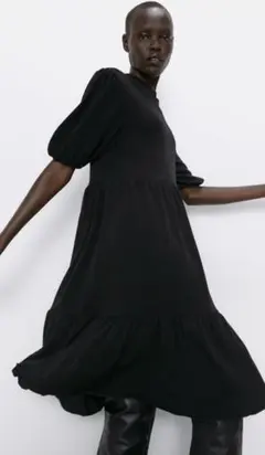 新品☆ZARA ザラ ミディ丈プリーツワンピース S black