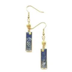 和風　ブルーグレーラメ　グラデーション　虎と鳳凰　短冊　ピアス　小