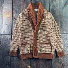 古着　70s−80s 総柄ニットカーディガン　ブラウン生成りM ショールカラー