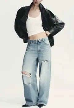 ZARA ダメージ加工 ワイドレッグデニムパンツ EUR 32 デニム