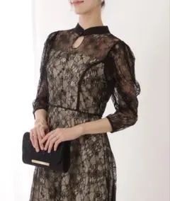 Lace Ladies 7分袖 総レース 花柄 プチハイネック ワンピース