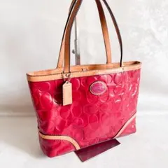 COACH コーチ トートバッグ シグネチャー エナメル レッド 肩掛け可能 赤