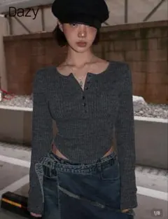 SHEIN 長袖 ヘンリーネック リブカットソー グレー