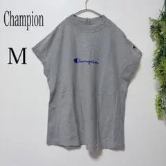 チャンピオン リバースウィーブ 半袖Tシャツ モックネック リブ 刺繍 グレー