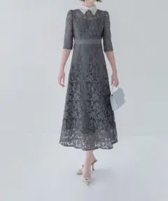 【LEJA】花柄レースビジューカラーAラインドレスワンピース美脚効果結婚式