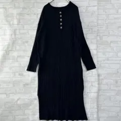 【レイカズン】黒 リブニットカットソー ロングワンピース ボタン a3348