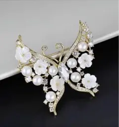 ブローチ 蝶々 天然石 パール キュービックジルコニア 14KGP ゴールド