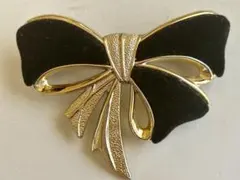 未使用 ゴールド×ブラック レトロリボン ベロア調素材 髪飾り ヘアバレッタ