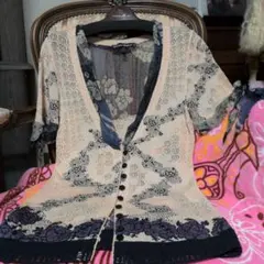 ✨美品✨イタリー製トリコシック☆前開き布帛使い・透かし編みニットトップス☆☆