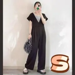 オールインワン レディース S サロペット ワイドパンツ Vネック 体型カバー