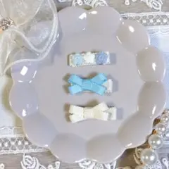 ベビーヘアクリップ 3点 お花 リボン 水色 ホワイト 赤ちゃん 子供 キッズ