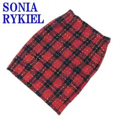 ソニアリキエル 膝丈スカート レッド ブラック リネン系 40 C4369