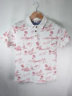 ビーチ総柄 ポロシャツ メンズM ホワイト レッド 綿100%