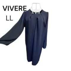 【試着のみ】VIVERE 袖シースルー 膝丈ワンピース ネイビー LL スリットのサムネイル