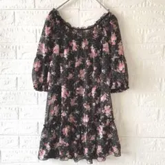 レストローズ 花柄シースルーワンピース M相当 黒 フェミニン 透け感のサムネイル