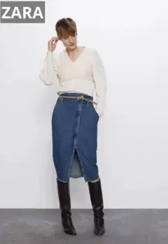 Zara デニムスカートベルト付きジップディテール