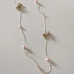 【未使用】 ゴールド リボン ピンク パール ネックレス