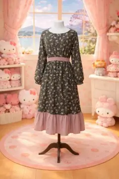 ①美品大きいサイズ４Ｌ／ウエストゴム／裾フリル／花柄ワンピース／管Z10