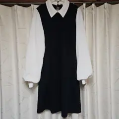黒と白の長袖ひざ丈ワンピース　INGNI ニットワンピ　シャツ