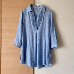 【美品】ELLE フリル ブラウス 青 Lサイズ