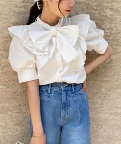 NICE CLAUP Bigリボンブラウス 白 ホワイト