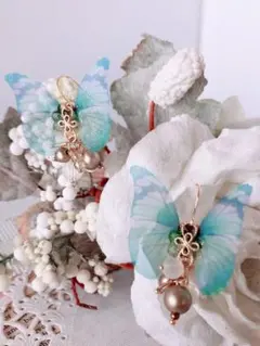 No.277 シフォン蝶々×ビーズポイントピアス
