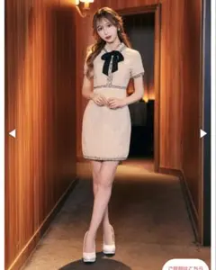 オールツイード襟付きフロントリボンパールビジュー半袖タイトミニドレス