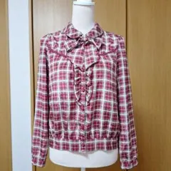 2wayチェック柄フリル付き赤と白のシャツブラウス ボウタイリボン