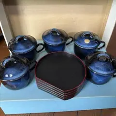 陶器製茶碗蒸し容器5客セット　塗盆５個セット　電子レンジOK 湯呑み茶碗のサムネイル
