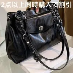 フェイクレザーショルダートートバッグ　ブラック