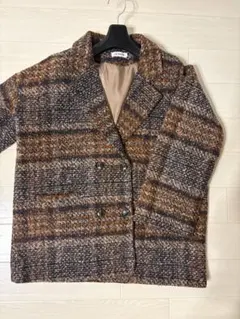 ブラウン系 チェック柄 ダブルブレストコート　コート　チェックコート