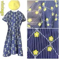 昭和レトロポップ︎✦︎ヴィンテージ古着︎✦︎紺色 白ストライプ 黄色花柄︎✦︎半袖ワンピース