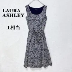 ローラアシュレイ ノースリーブワンピース 花柄 総柄 L相当 ネイビー フレア