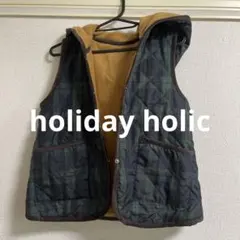 グリーンのチェック柄キルティング × 裏ボアのフード付きベスト