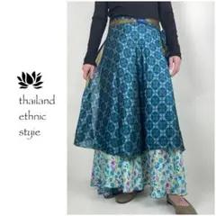 【新品】サリー　巻きスカート　ジレ　リバーシブル　ブルー　花柄　D970