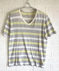 GAP ギャップ Vネック ボーダーTシャツ XL グレー イエロー 綿100%