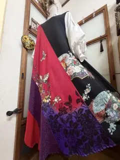 日向向日葵　着物リメイクテントラインワンピースNo.689 サイズＬ