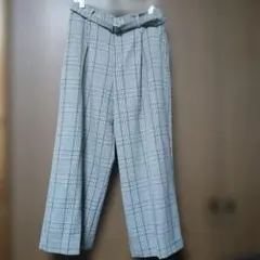 チェック柄ワイドパンツ ベルト付き グレー系